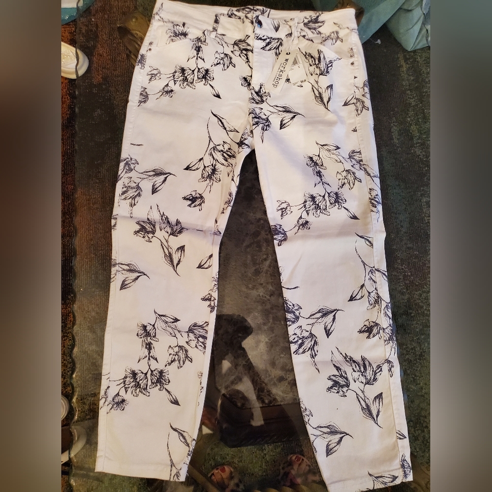 White jeans with black flowers